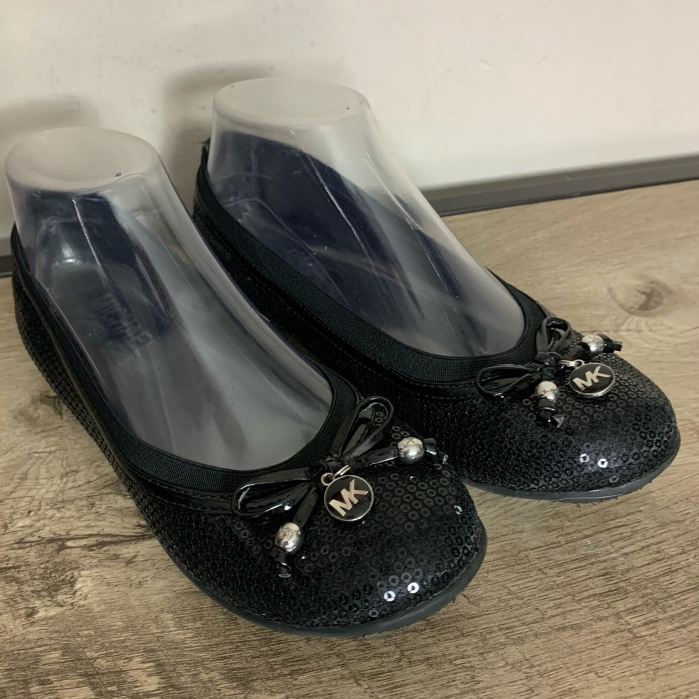 Girls MICHAEL KORS Black SEQUIN Slip On BALLET Bow FLATS Shoes Size 4